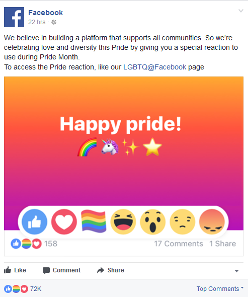 Equality : Facebook Releases “Pride” Reaction Emoji